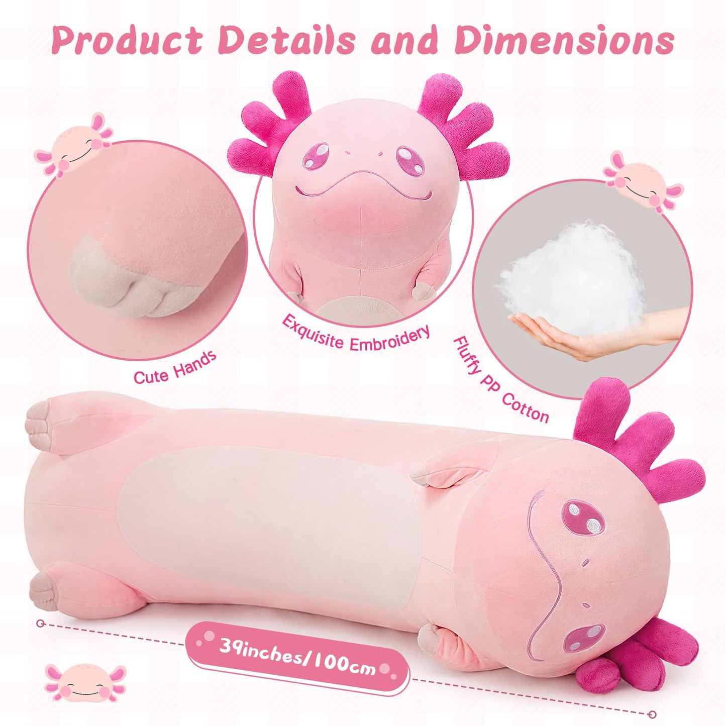 Tezituor Long Axolotl Plush Body Pillow — 39.5-Inch Giant Pink Cuddle Pillow