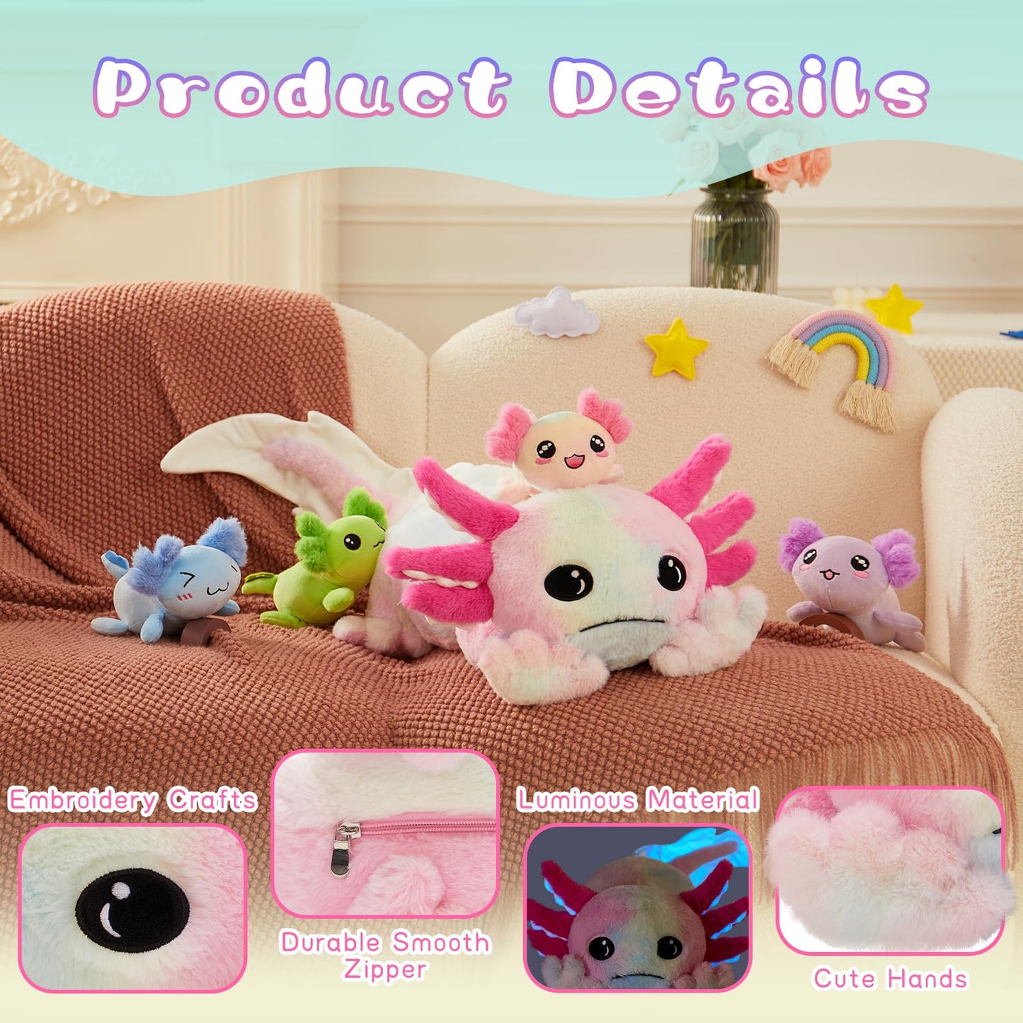 Tezituor Axolotl Giant Plush — 31.5-Inch Glow-in-the-Dark Salamander with 4 Babies