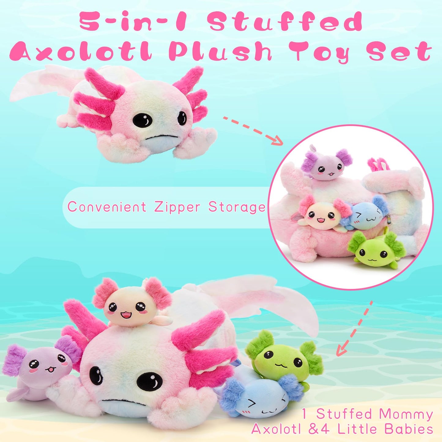 Tezituor Axolotl Giant Plush — 31.5-Inch Glow-in-the-Dark Salamander with 4 Babies