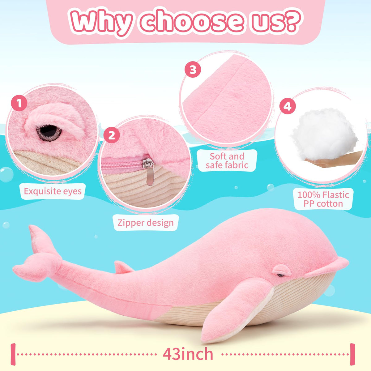 Tezituor 4ft Pink Whale Plush Pillow – Giant Whale Stuffed Animal for Kids & Adults | Home Decor Gift