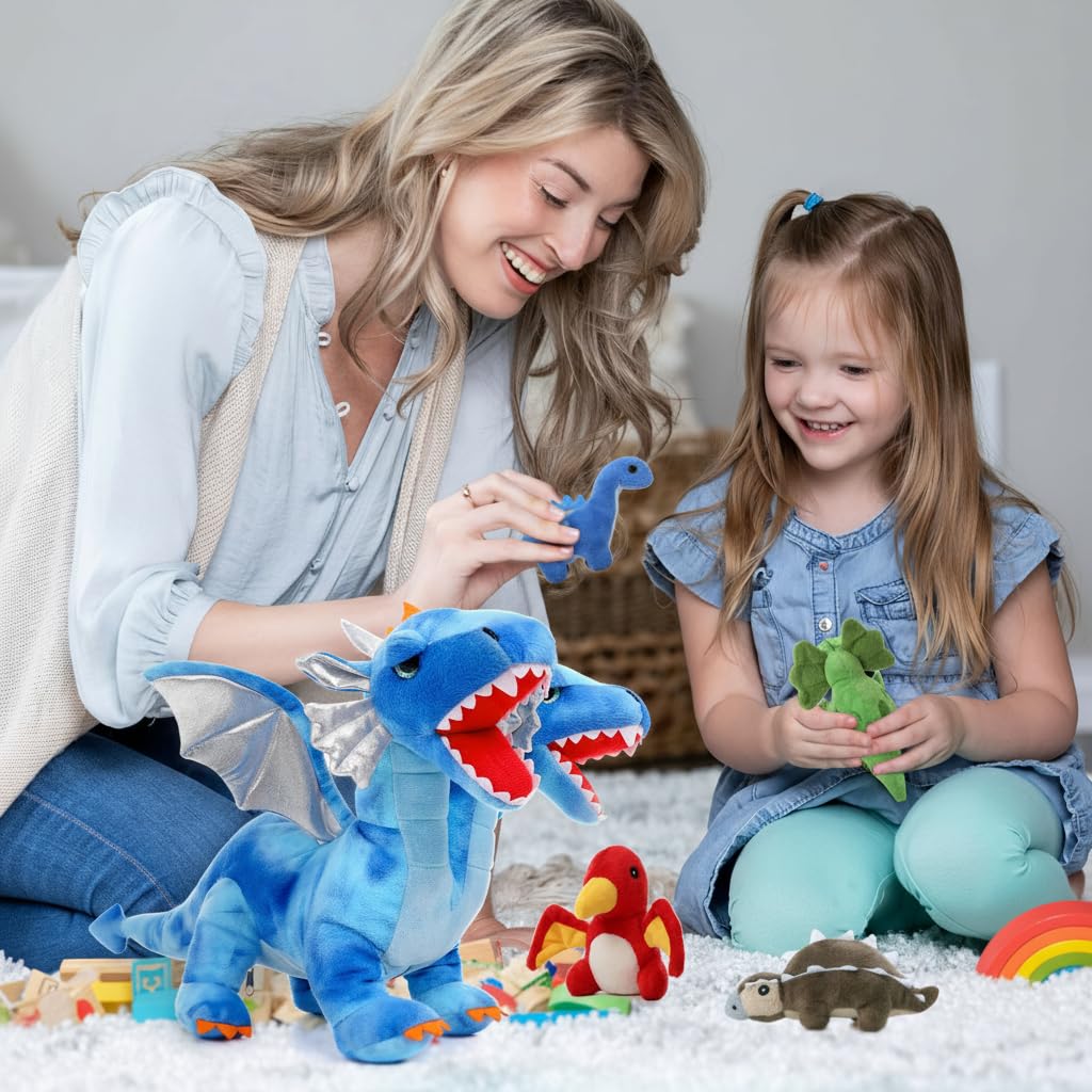 Tezituor Double Headed Dragon Plush with Wings - 20 in Blue | 5-Piece Dinosaur Plush Set for Kids