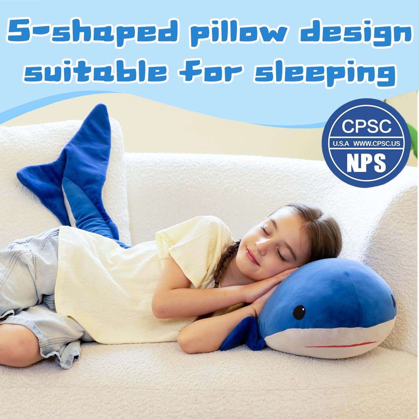 Tezituor 47in Giant Whale Plush — S-Shape Body Pillow for Cozy Sleep and Decor