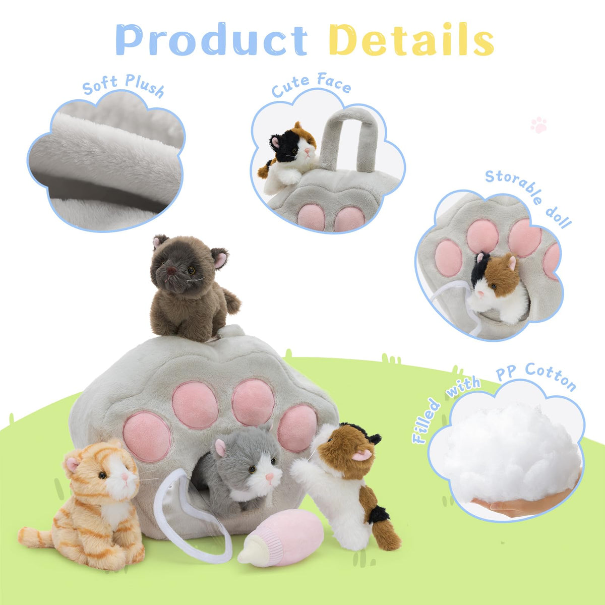 Tezituor 7-Piece Cat Stuffed Animal Set | Plush Carrier Playset for Kids