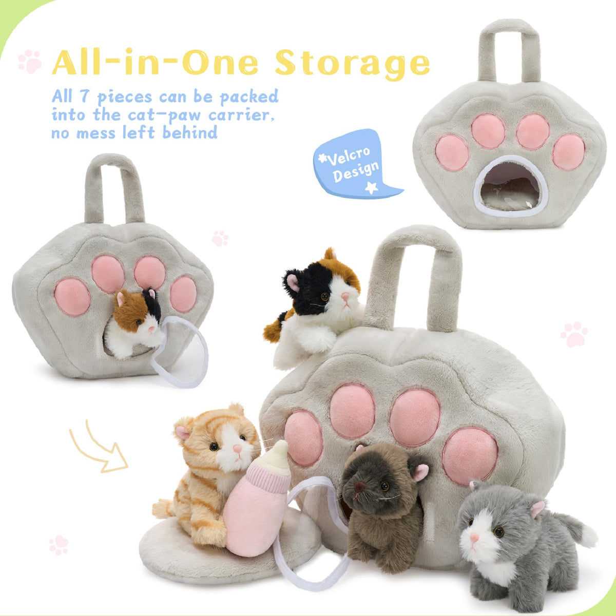 Tezituor 7-Piece Cat Stuffed Animal Set | Plush Carrier Playset for Kids