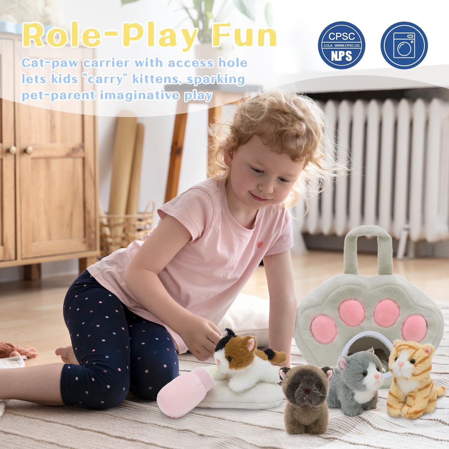 Tezituor 7-Piece Cat Stuffed Animal Set | Plush Carrier Playset for Kids