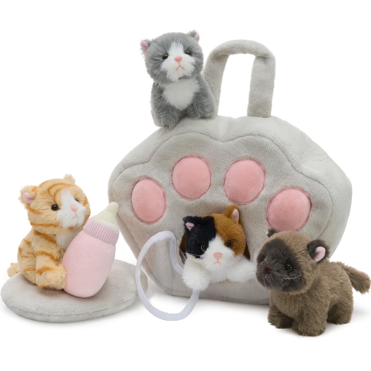 Tezituor 7-Piece Cat Stuffed Animal Set | Plush Carrier Playset for Kids