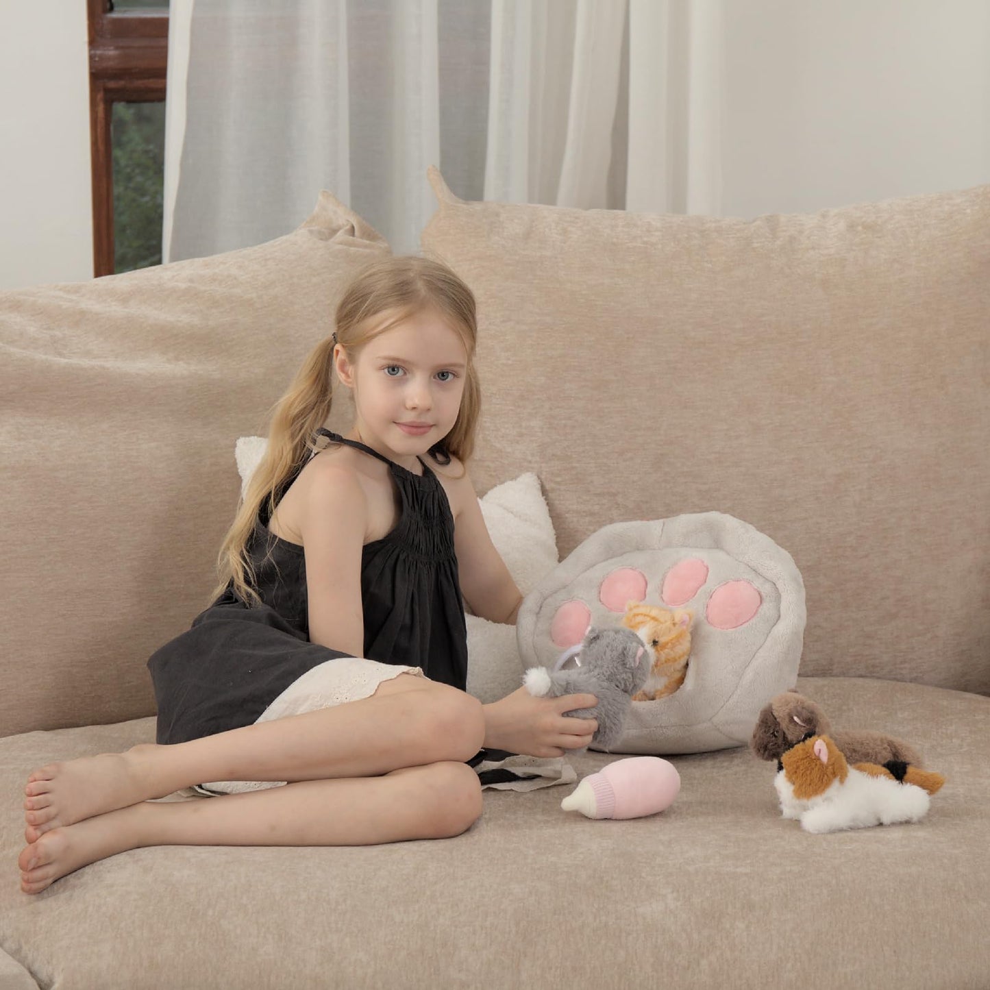 Tezituor 7-Piece Cat Stuffed Animal Set | Plush Carrier Playset for Kids