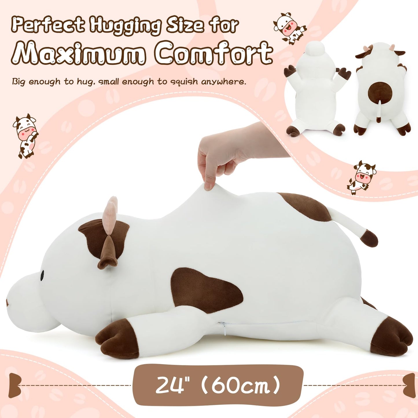 Tezituor Large Cow Plush Pillow – 24-inch Ultra-Soft Hug Pillow for Kids & Adults