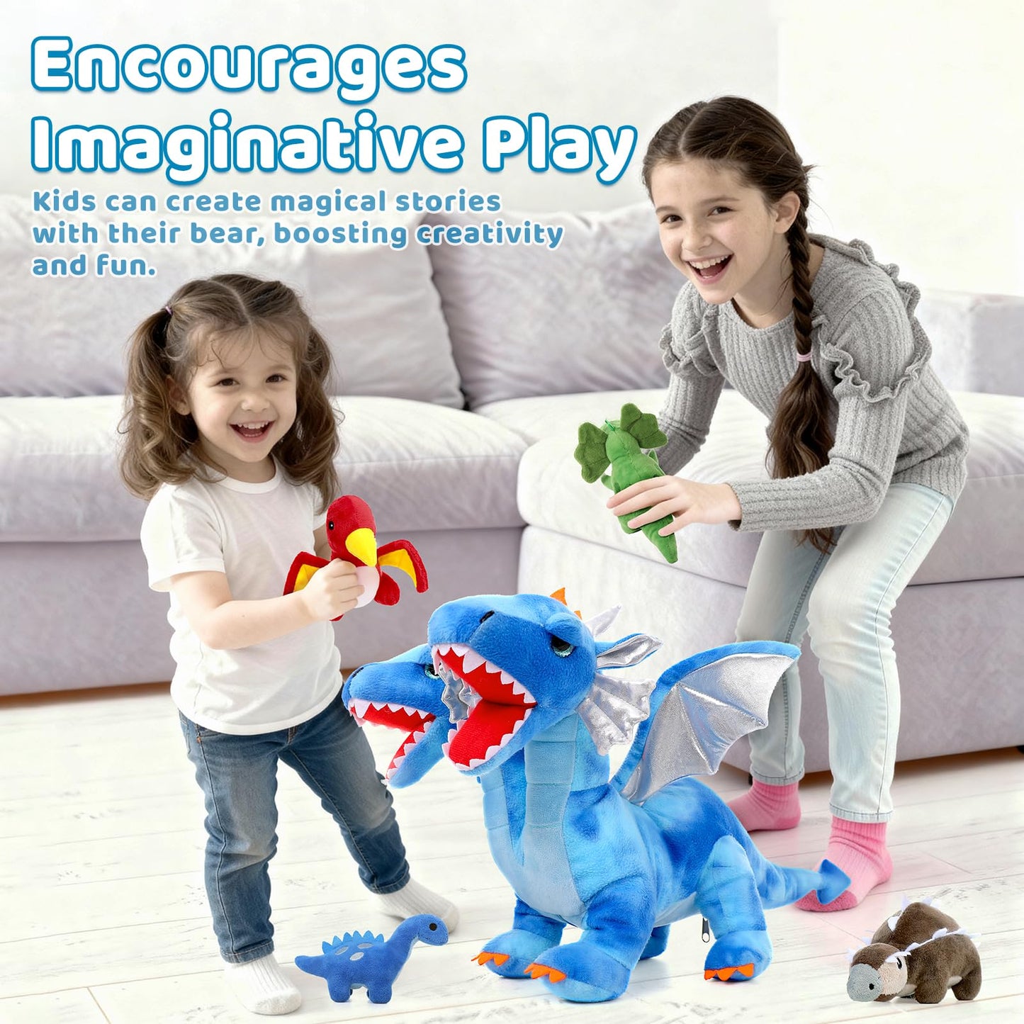 Tezituor Double Headed Dragon Plush with Wings - 20 in Blue | 5-Piece Dinosaur Plush Set for Kids