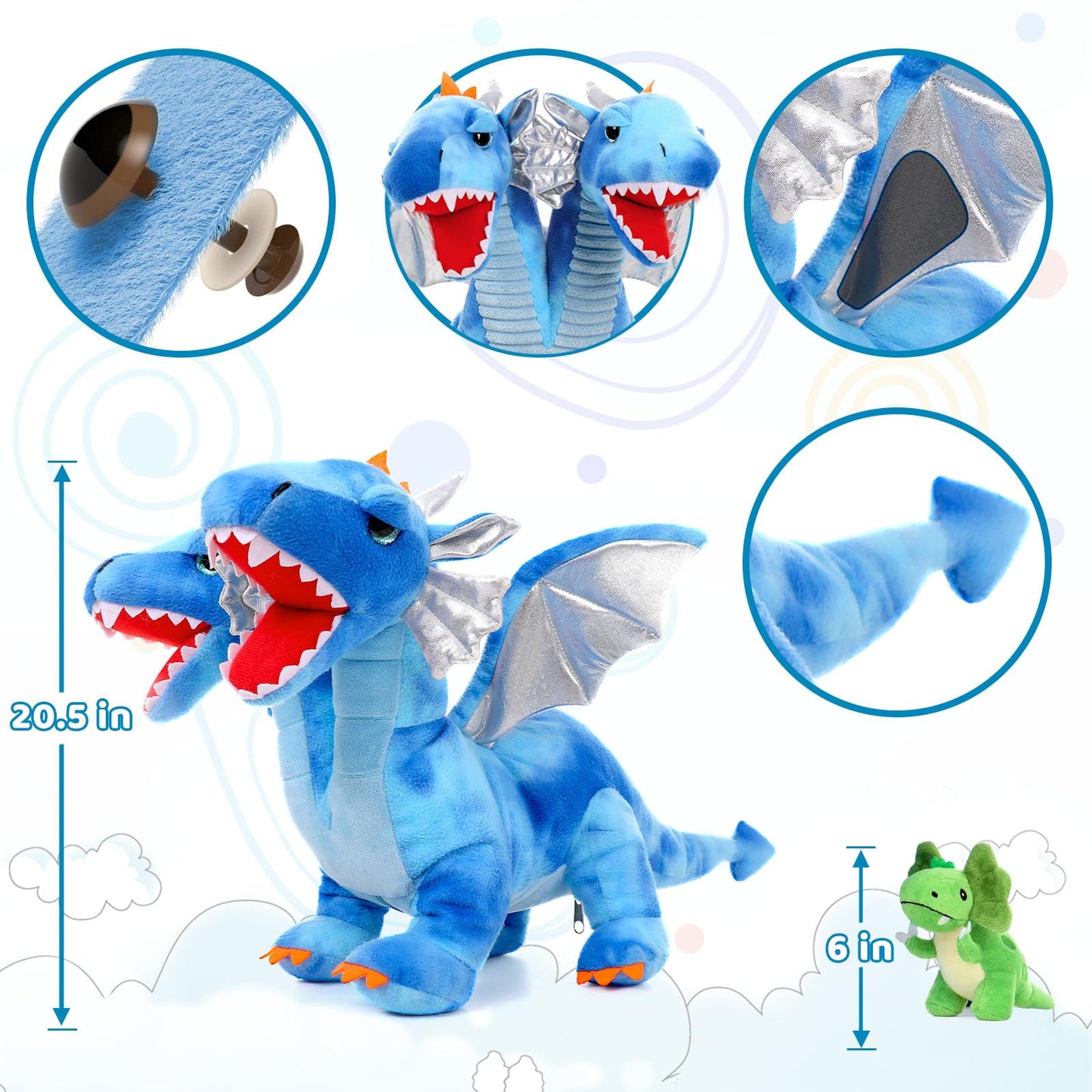 Tezituor Double Headed Dragon Plush with Wings - 20 in Blue | 5-Piece Dinosaur Plush Set for Kids
