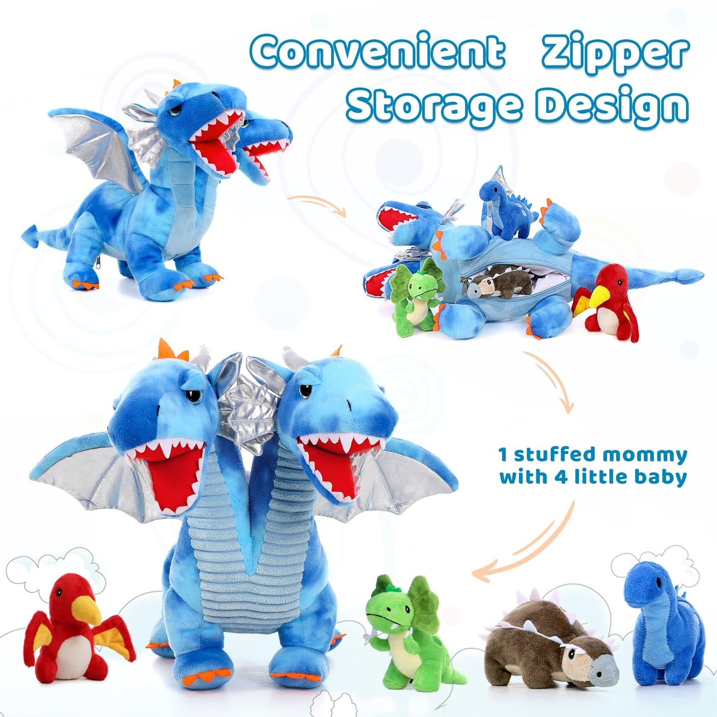 Tezituor Double Headed Dragon Plush with Wings - 20 in Blue | 5-Piece Dinosaur Plush Set for Kids