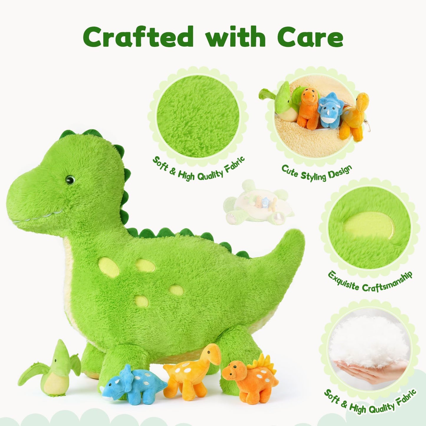 Tezituor Cute Dinosaur Plush Set – 26-Inch Green Dino with 4 Baby Dinos