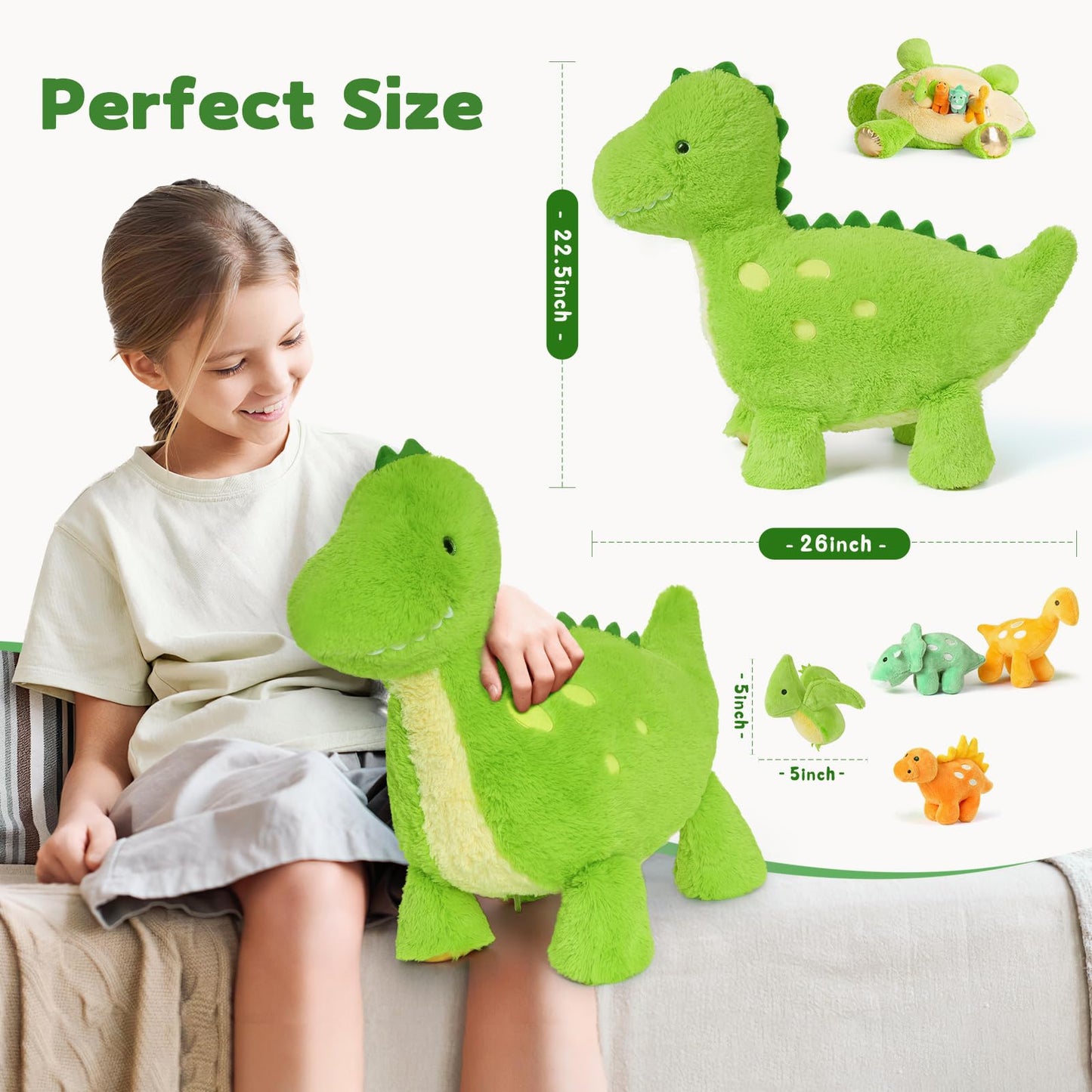 Tezituor Cute Dinosaur Plush Set – 26-Inch Green Dino with 4 Baby Dinos