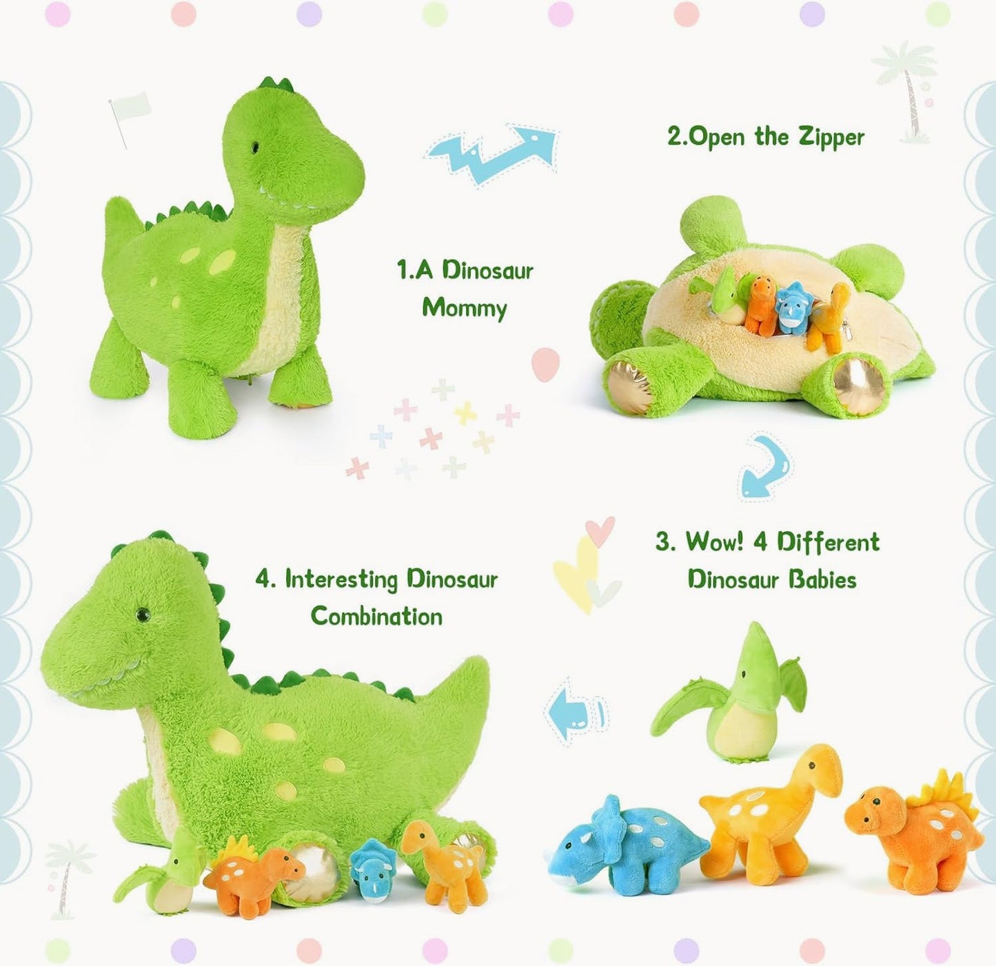 Tezituor Cute Dinosaur Plush Set – 26-Inch Green Dino with 4 Baby Dinos