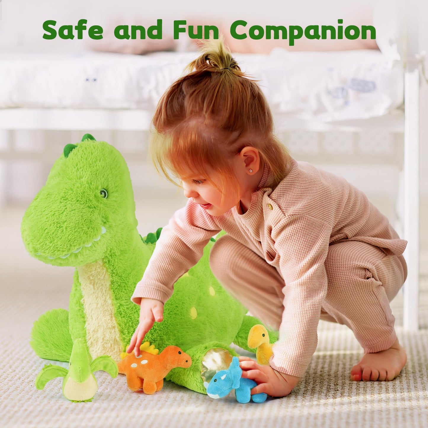 Tezituor Cute Dinosaur Plush Set – 26-Inch Green Dino with 4 Baby Dinos