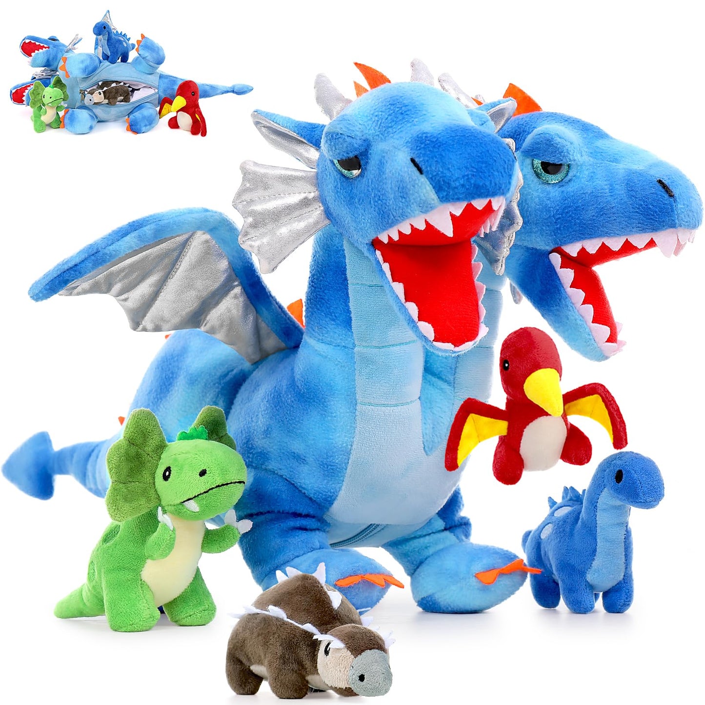 Tezituor Double Headed Dragon Plush with Wings - 20 in Blue | 5-Piece Dinosaur Plush Set for Kids