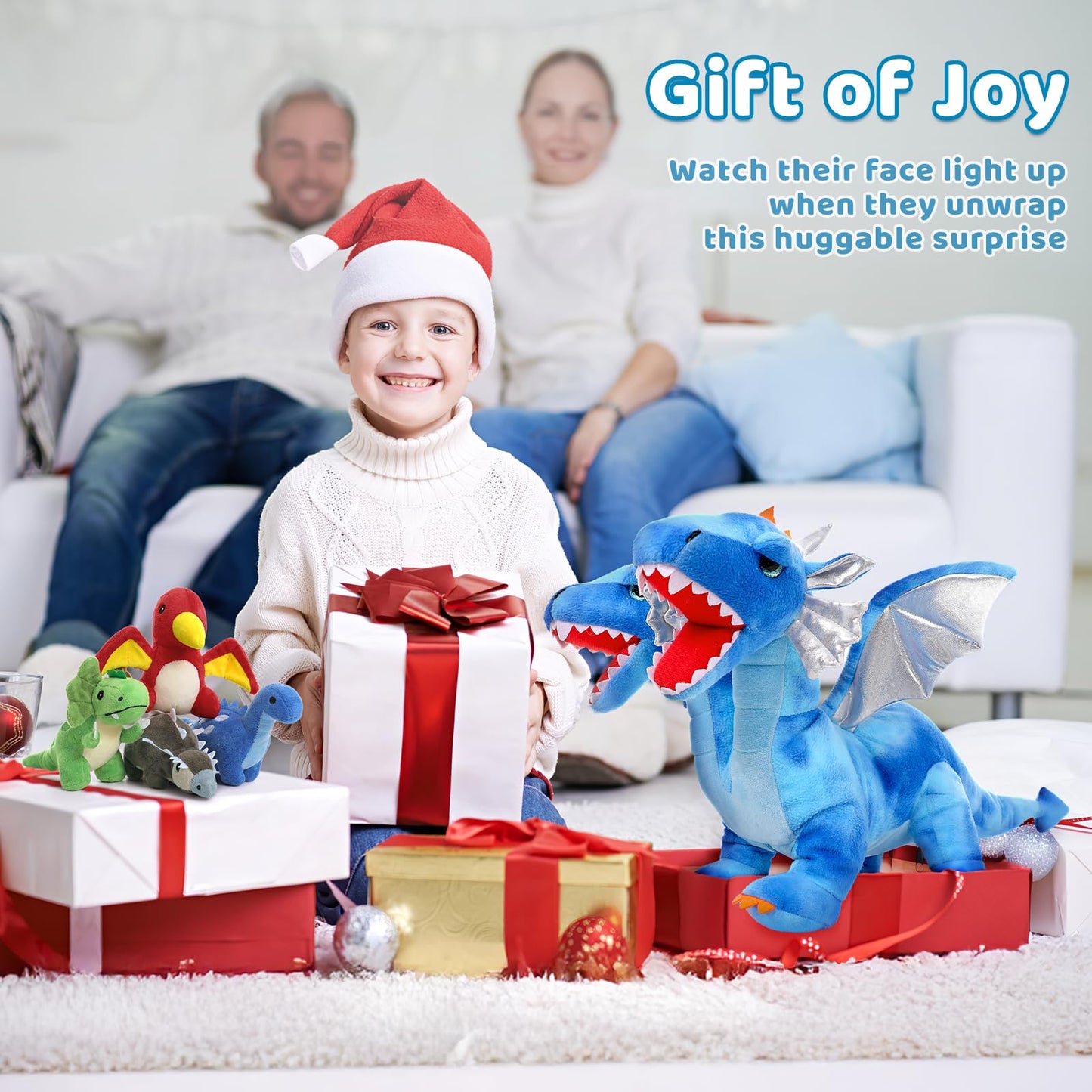 Tezituor Double Headed Dragon Plush with Wings - 20 in Blue | 5-Piece Dinosaur Plush Set for Kids