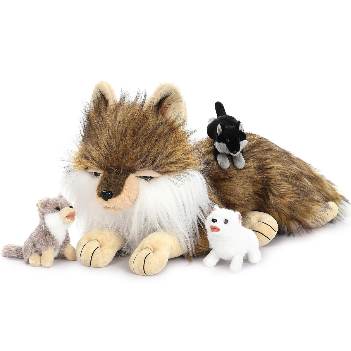 Tezituor 4-Piece Wolf Stuffed Animal Set — 20-Inch Mama Wolf with Three Cubs Plush Toys