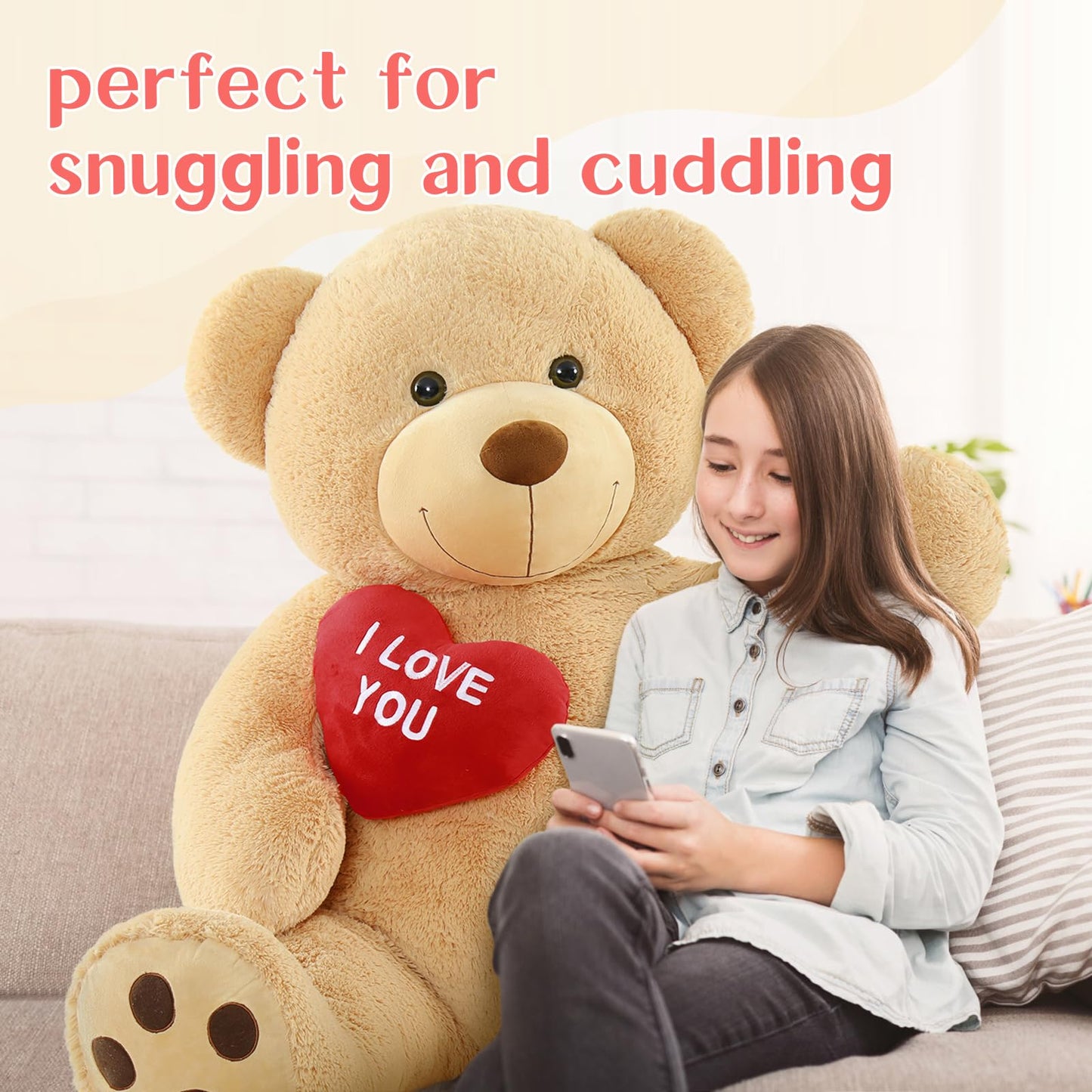 Tezituor Giant Teddy Bear 5ft – Large Brown Plush I Love You Bear | Gift for Kids & Girlfriend