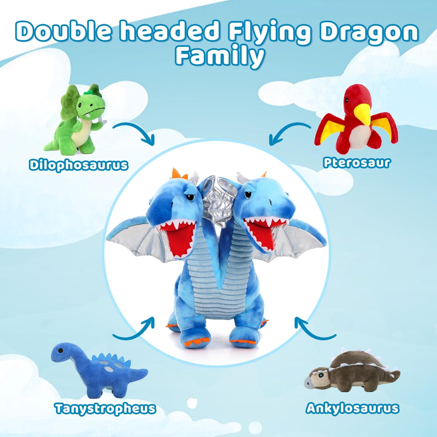 Tezituor Double Headed Dragon Plush with Wings - 20 in Blue | 5-Piece Dinosaur Plush Set for Kids