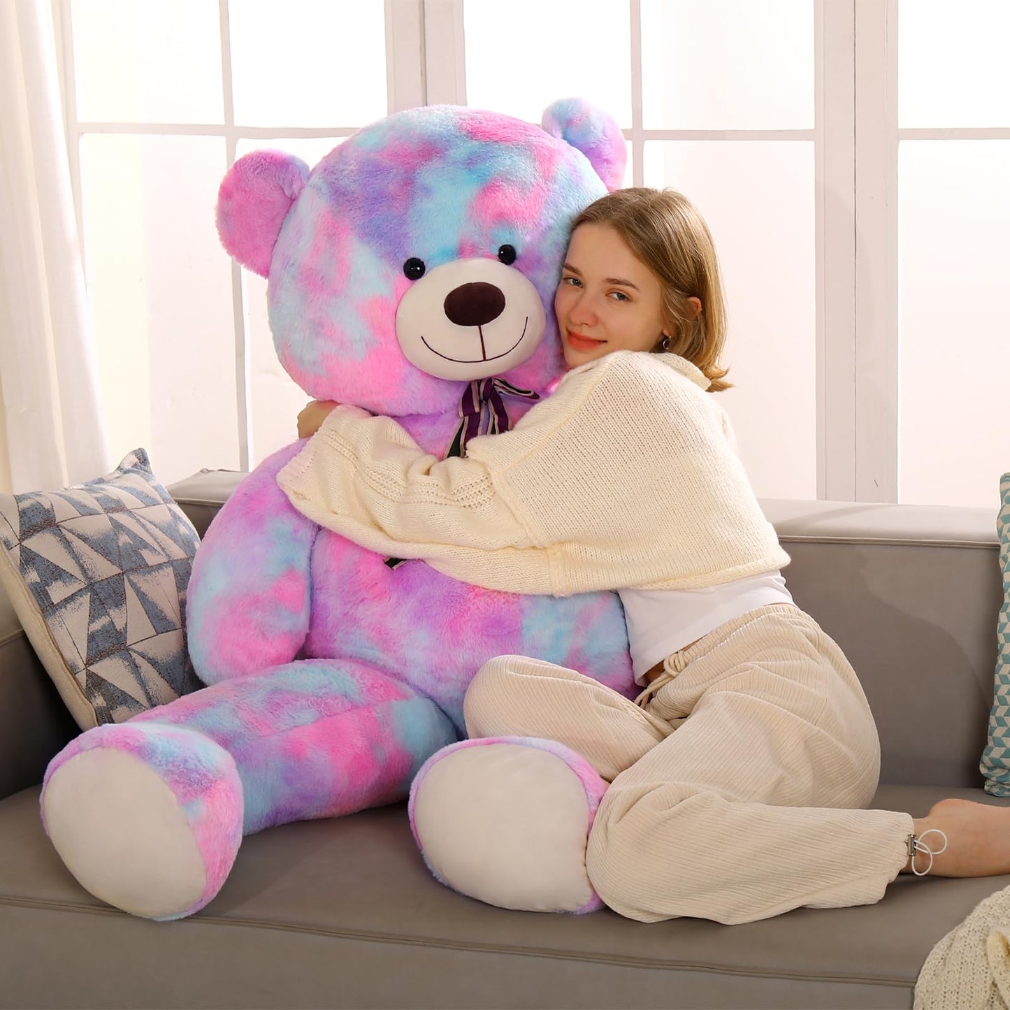 Tezituor Big Teddy Bear - 59-Inch Giant Rainbow Purple Plush, Life-Size Gift for Holidays