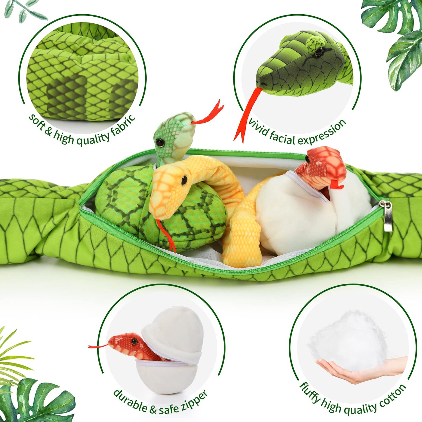 Tezituor Giant Snake Stuffed Animal With 3 Babies And 2 Eggs - 80-Inch Green Boa Plush