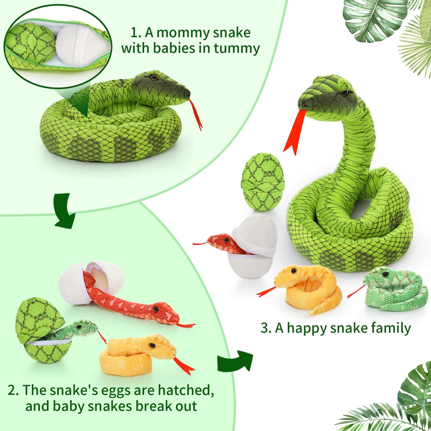 Tezituor Giant Snake Stuffed Animal With 3 Babies And 2 Eggs - 80-Inch Green Boa Plush