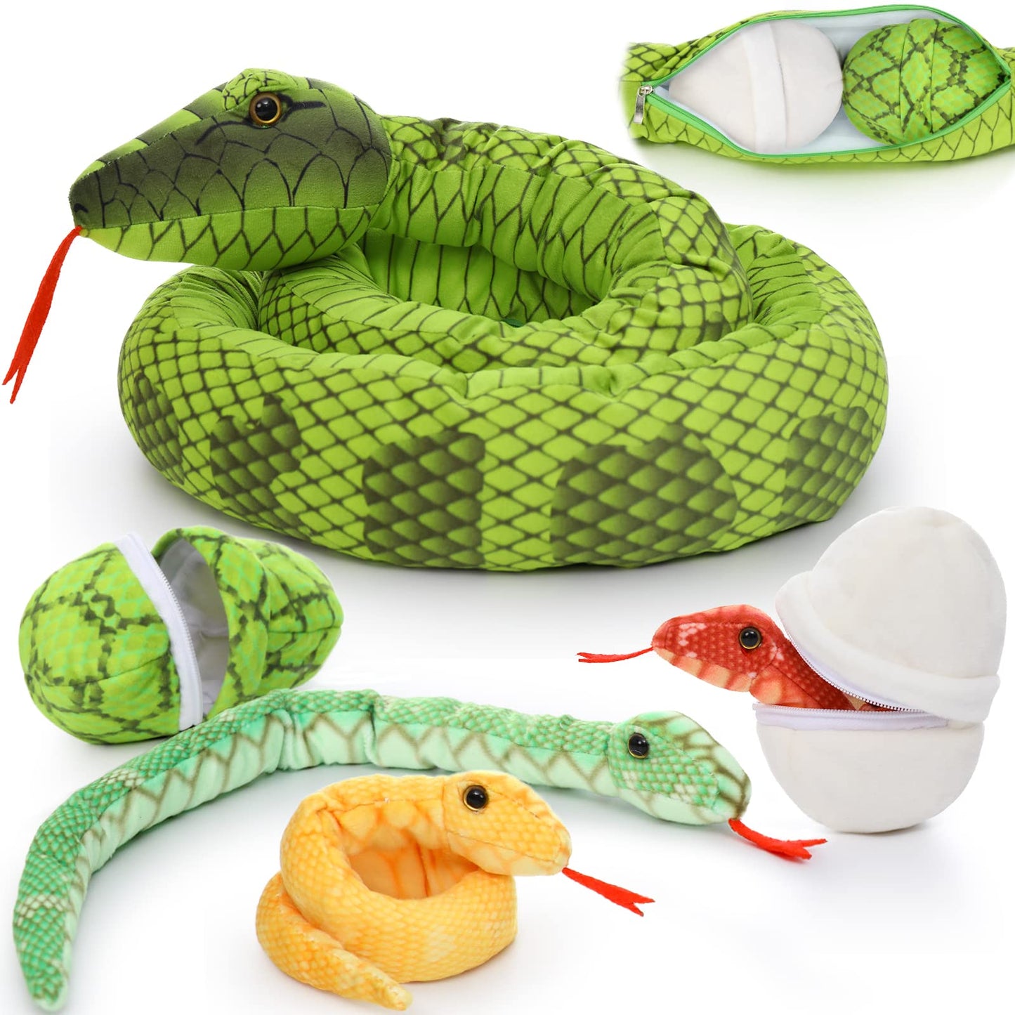 Tezituor Giant Snake Stuffed Animal With 3 Babies And 2 Eggs - 80-Inch Green Boa Plush