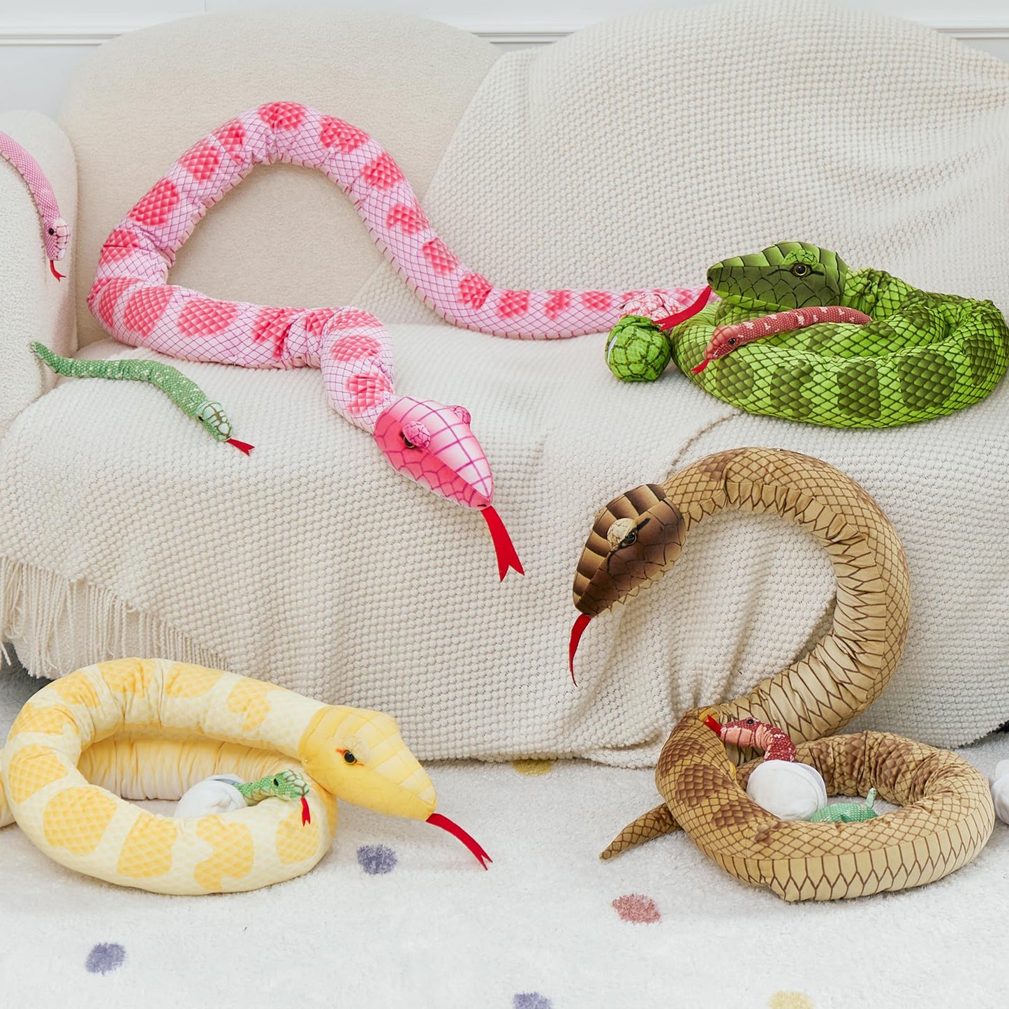 Tezituor Giant Snake Stuffed Animal With 3 Babies And 2 Eggs - 80-Inch Green Boa Plush