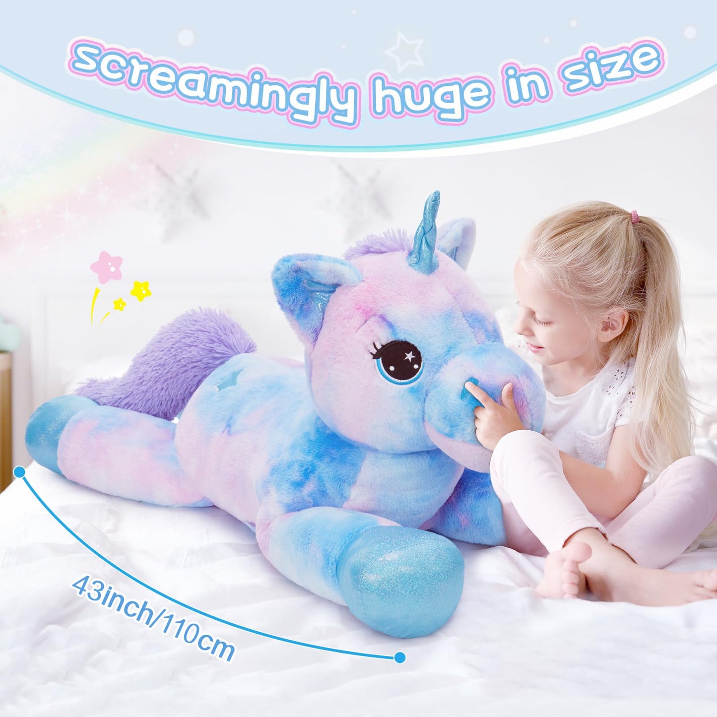 Tezituor 43in Giant Unicorn Stuffed Animal – Rainbow Plush for Kids, Decor & Gifts