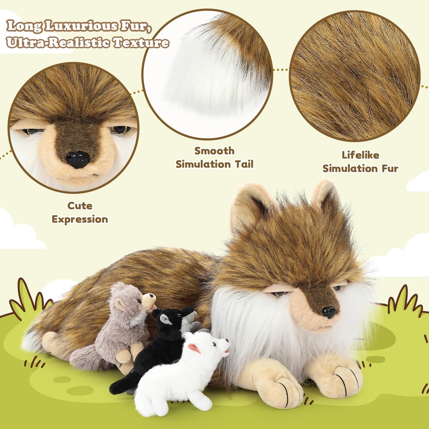 Tezituor 4-Piece Wolf Stuffed Animal Set — 20-Inch Mama Wolf with Three Cubs Plush Toys