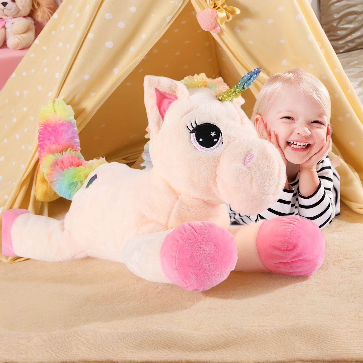 Tezituor 43'' Big Unicorn Plush Toy – Off-White Giant Unicorn Stuffed Animal