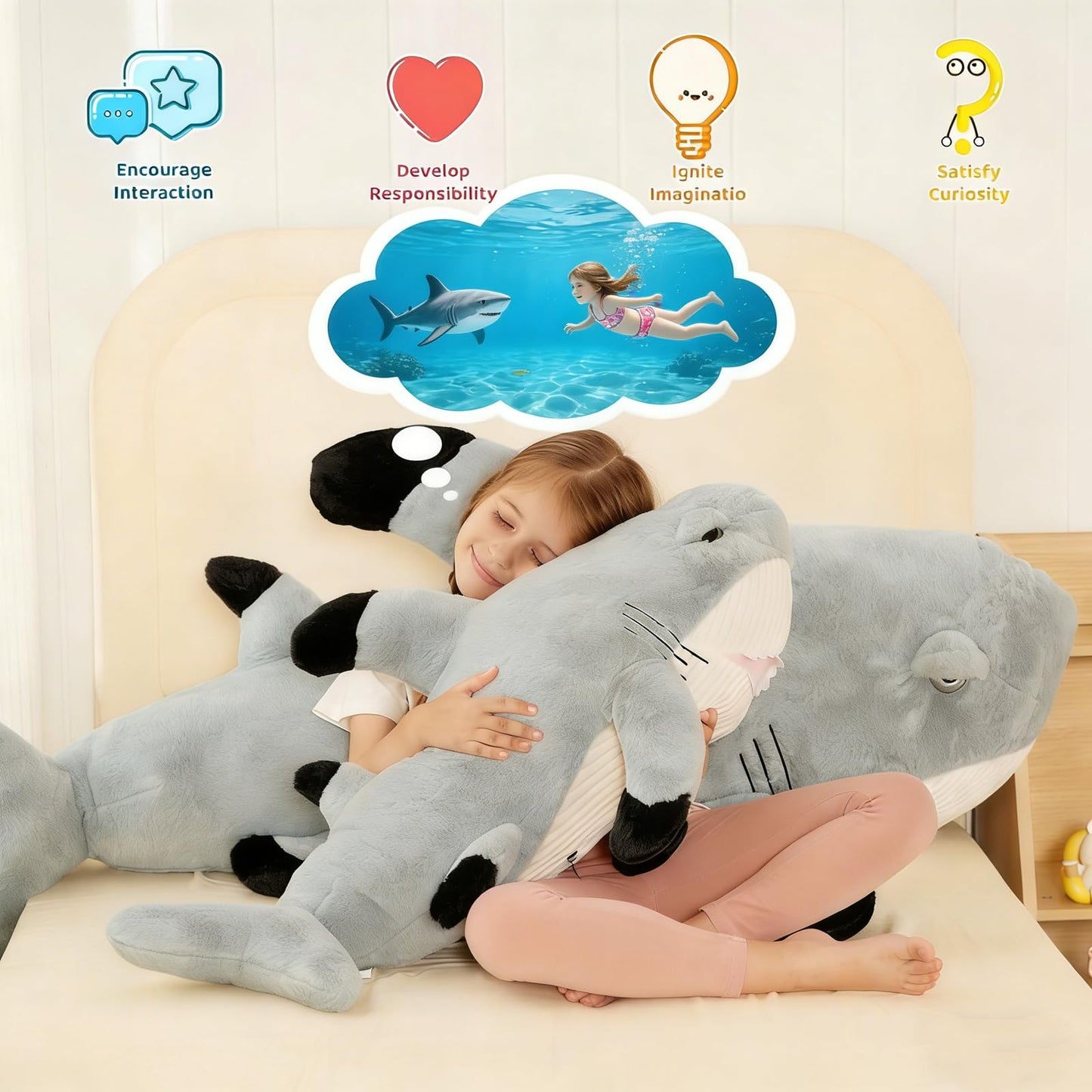 Tezituor 32in Great White Shark Plush – Large Shark Stuffed Animal & Pillow