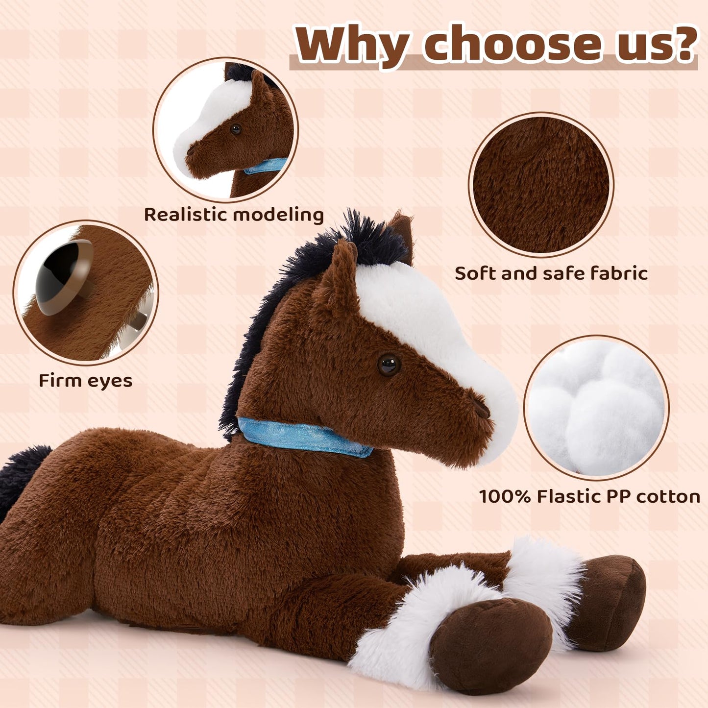 Tezituor 35-Inch Large Horse Plush Toy – Realistic Chocolate Pony Body Pillow