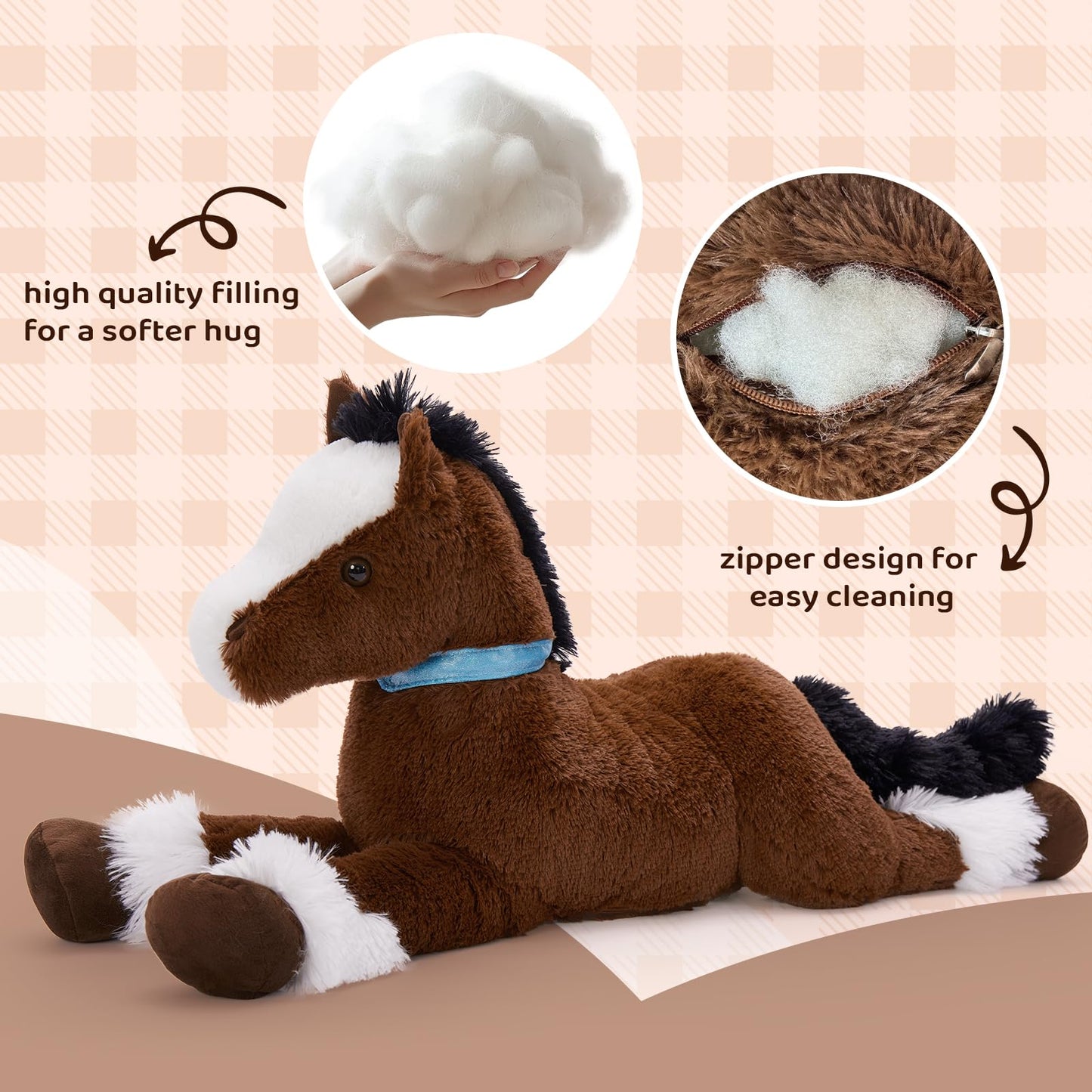 Tezituor 35-Inch Large Horse Plush Toy – Realistic Chocolate Pony Body Pillow