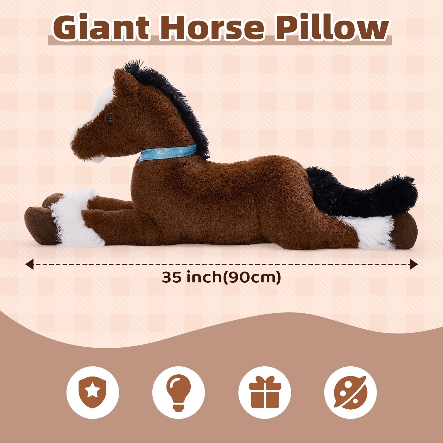 Tezituor 35-Inch Large Horse Plush Toy – Realistic Chocolate Pony Body Pillow