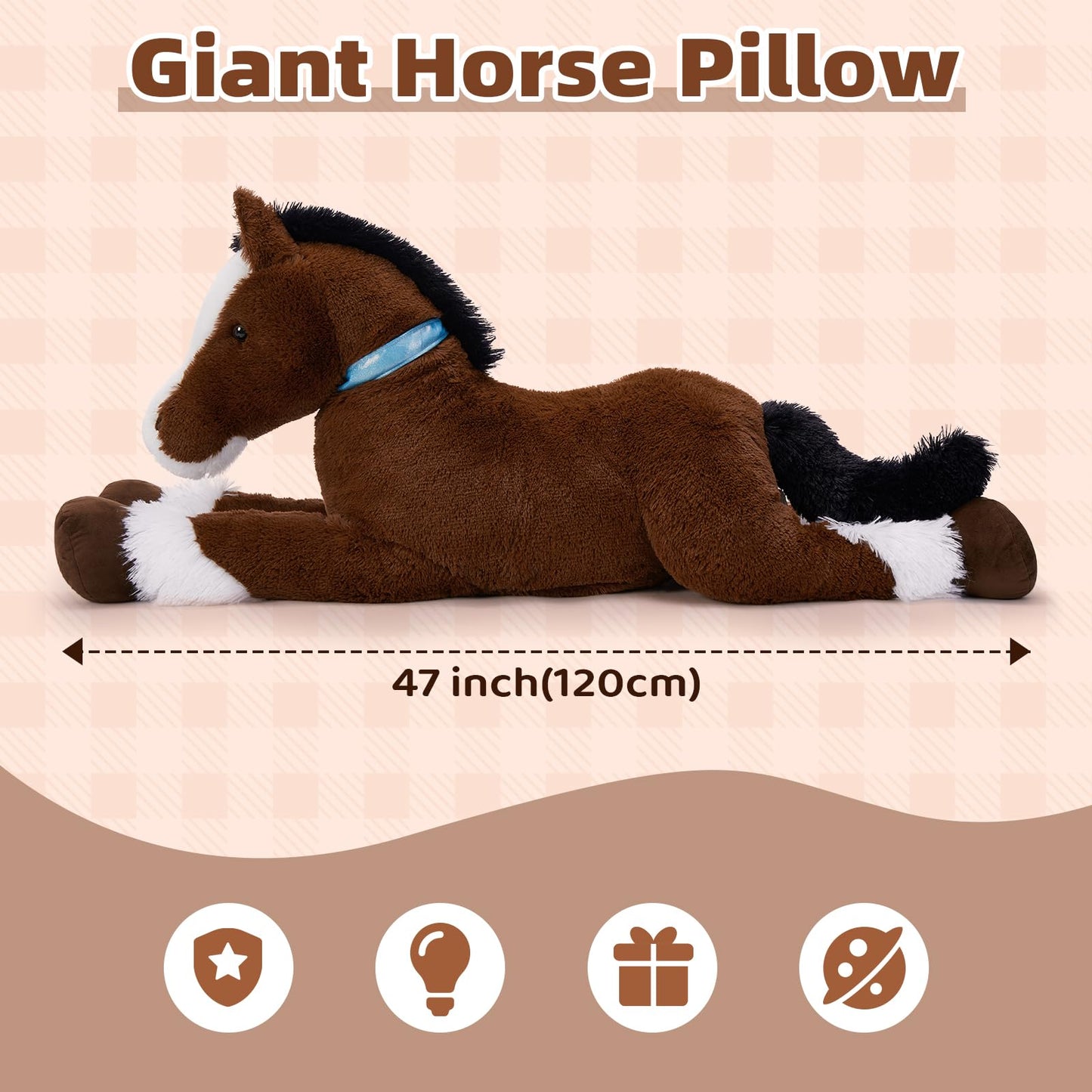 Tezituor 4ft Realistic Horse Plush Pillow – Giant Chocolate Pony for Kids