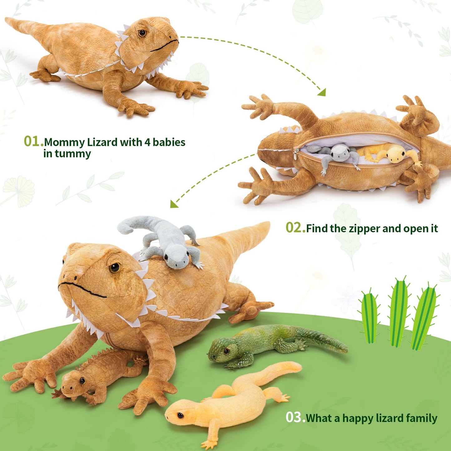 Tezituor Lizard Stuffed Animal with 4 Babies – 26.5-Inch Realistic Bearded Dragon Plush