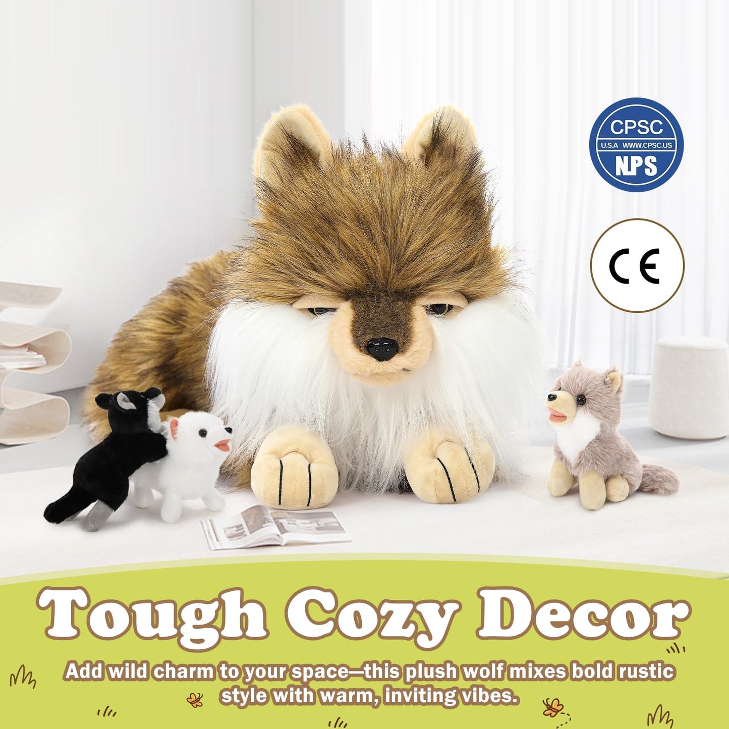 Tezituor 4-Piece Wolf Stuffed Animal Set — 20-Inch Mama Wolf with Three Cubs Plush Toys