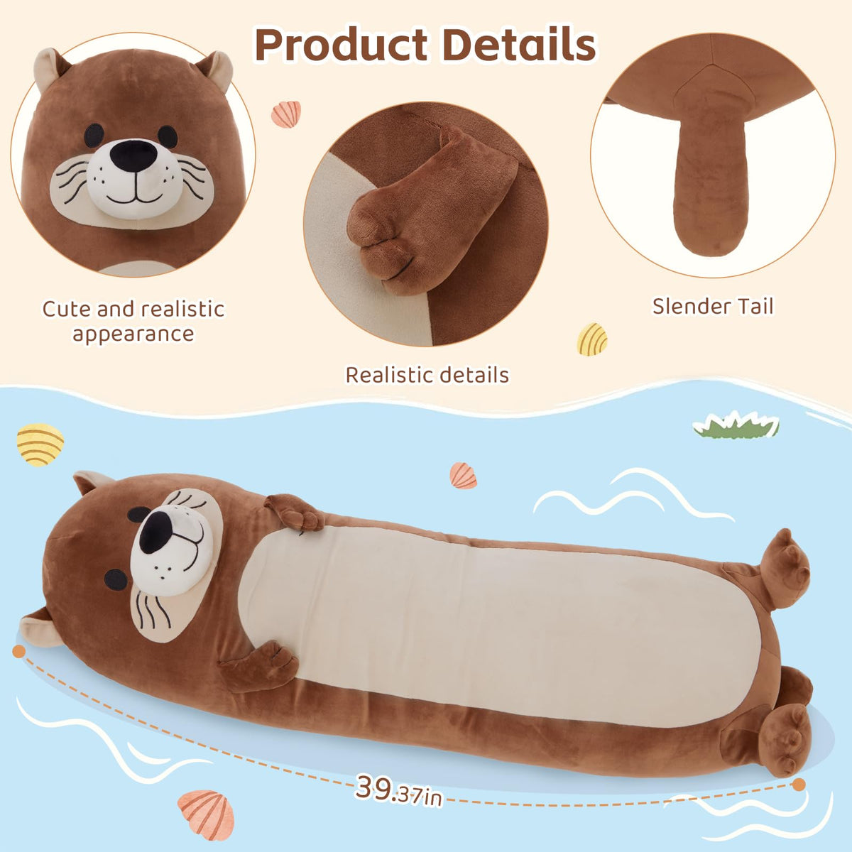 Tezituor Long Otter Plush Pillow - 39.5-Inch Giant Sea Otter Body Pillow for Cozy Snuggles