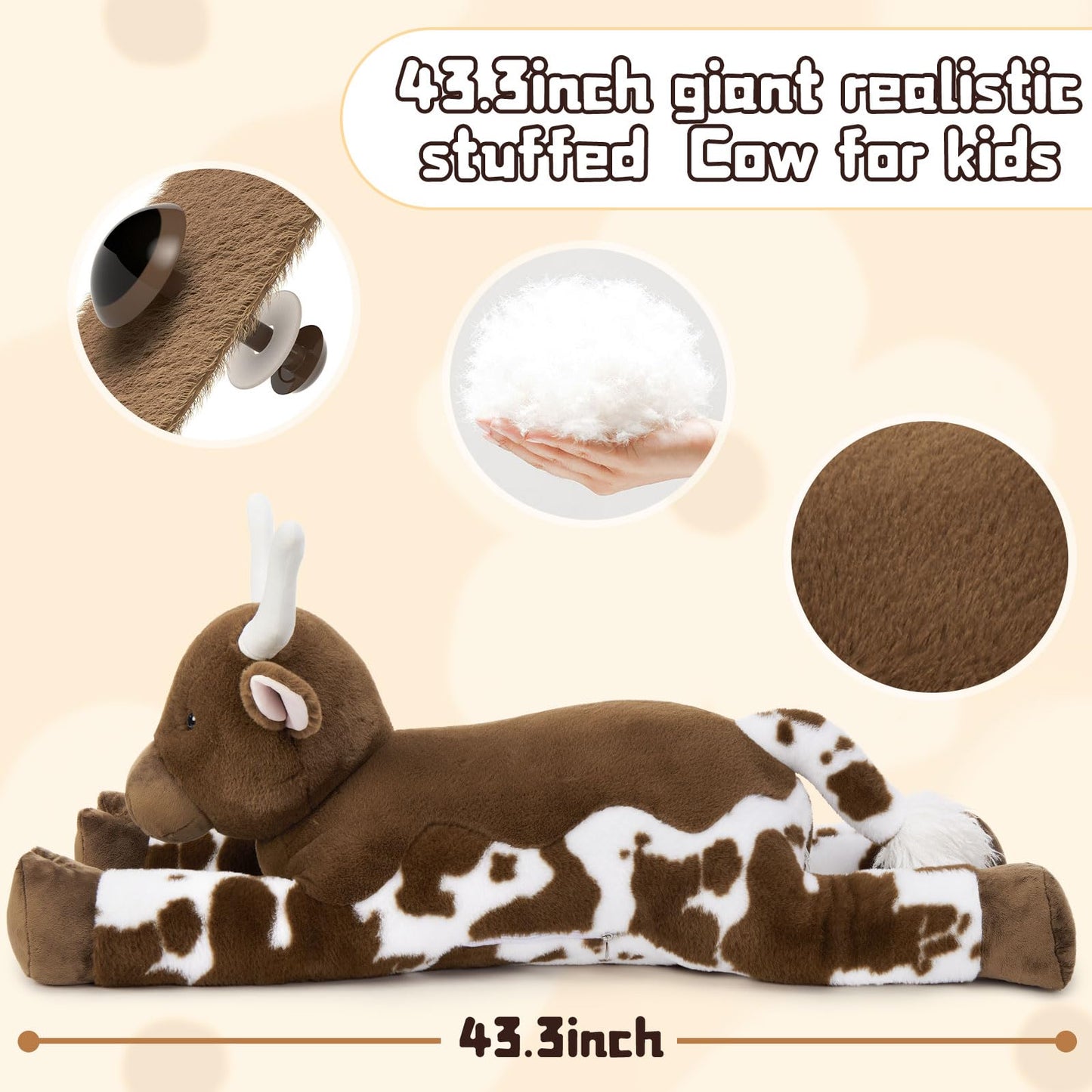 Tezituor 43.3-Inch Giant Longhorn Cow Plush Pillow — Realistic Longhorn Bull Stuffed Animal for Kids & Adults