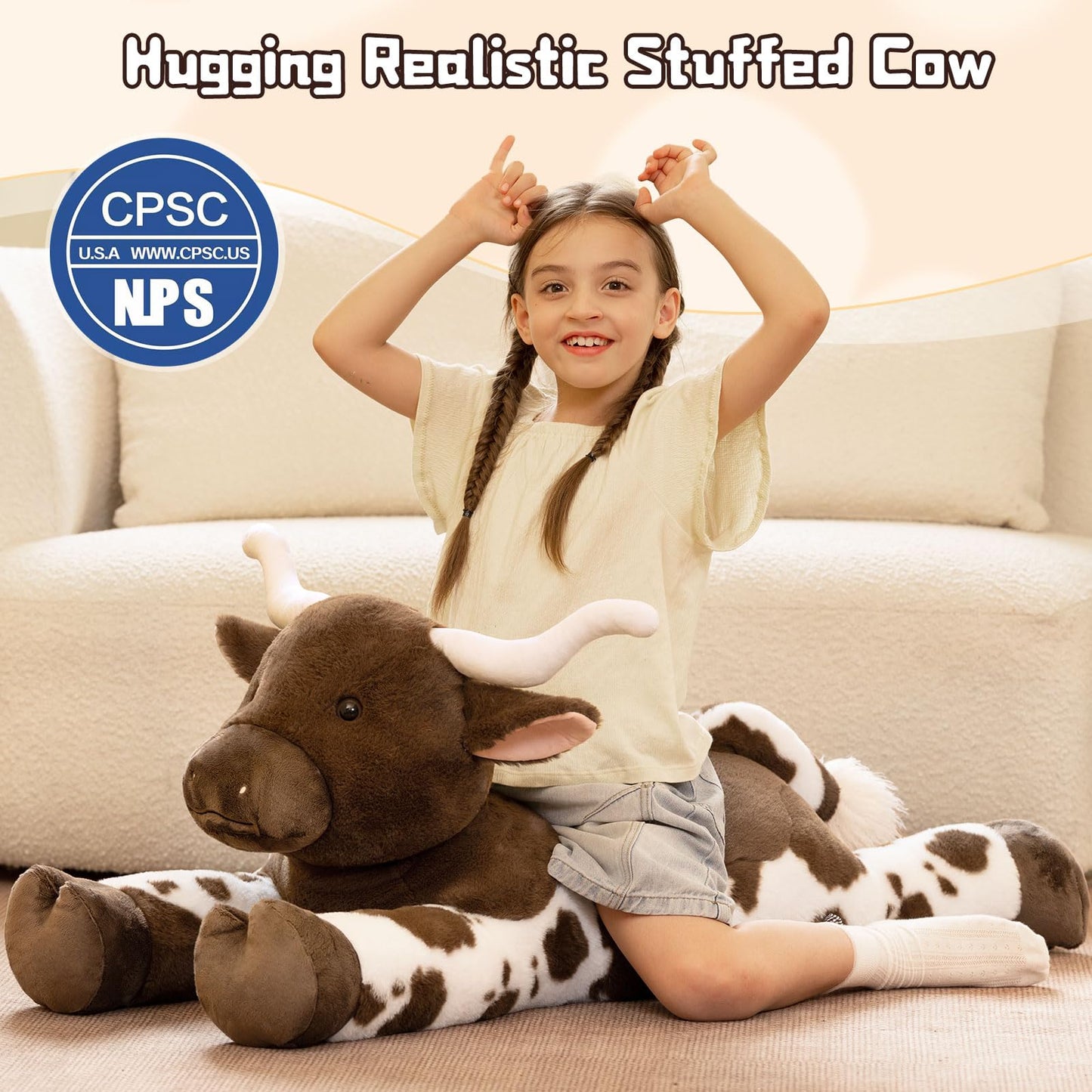Tezituor 43.3-Inch Giant Longhorn Cow Plush Pillow — Realistic Longhorn Bull Stuffed Animal for Kids & Adults