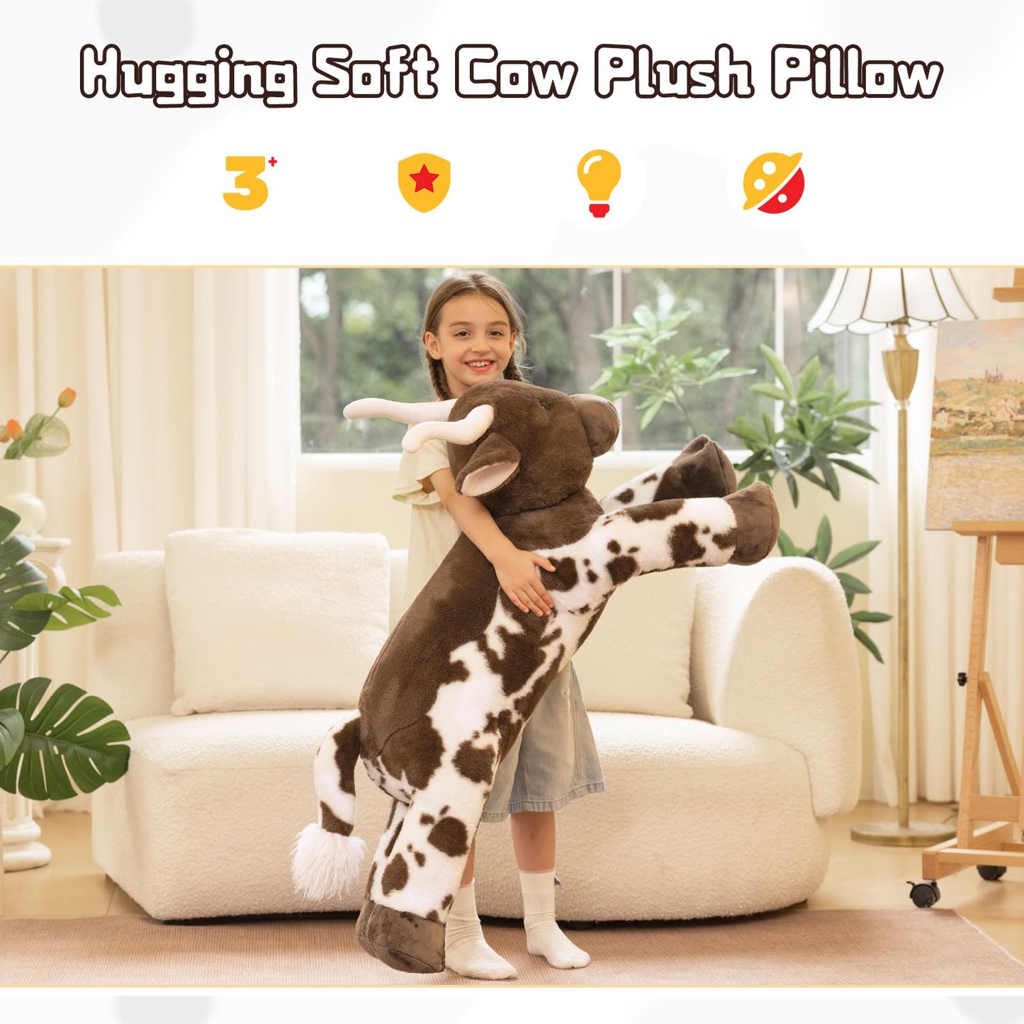 Tezituor 43.3-Inch Giant Longhorn Cow Plush Pillow — Realistic Longhorn Bull Stuffed Animal for Kids & Adults