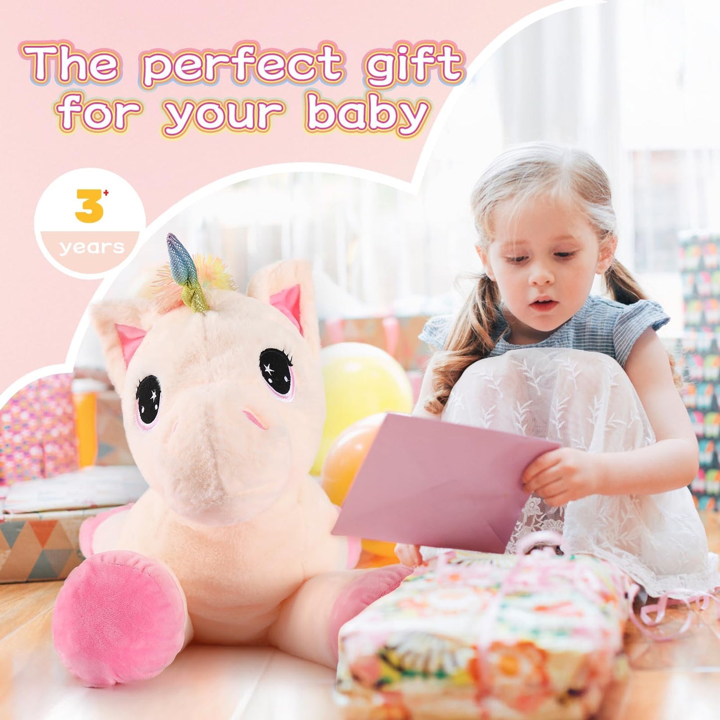 Tezituor 43'' Big Unicorn Plush Toy – Off-White Giant Unicorn Stuffed Animal