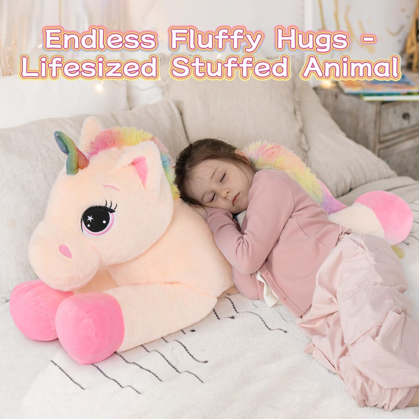 Tezituor 43'' Big Unicorn Plush Toy – Off-White Giant Unicorn Stuffed Animal