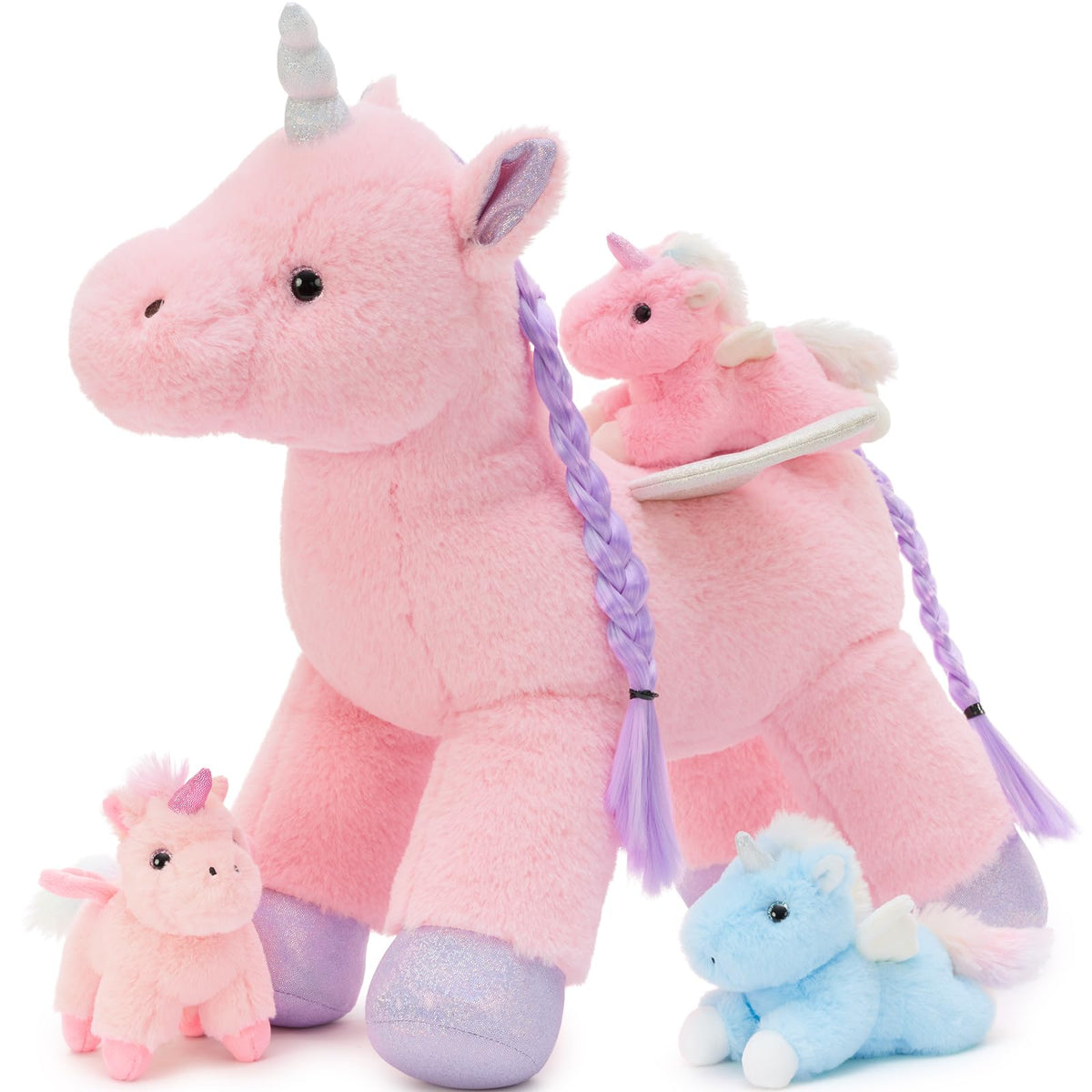 Tezituor Pink Unicorn Plush with Hair & Wings – 3 Babies Inside