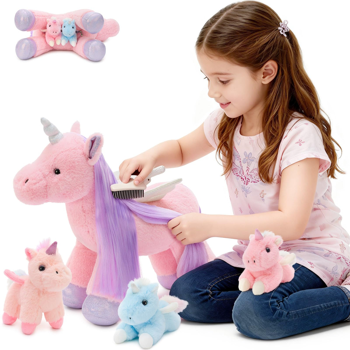 Tezituor Pink Unicorn Plush with Hair & Wings – 3 Babies Inside