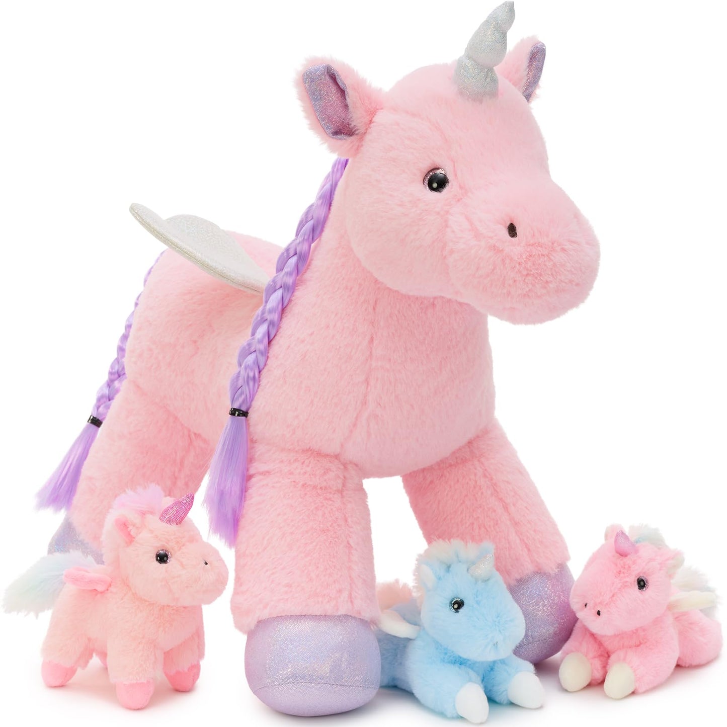 Tezituor Pink Unicorn Plush with Hair & Wings – 3 Babies Inside