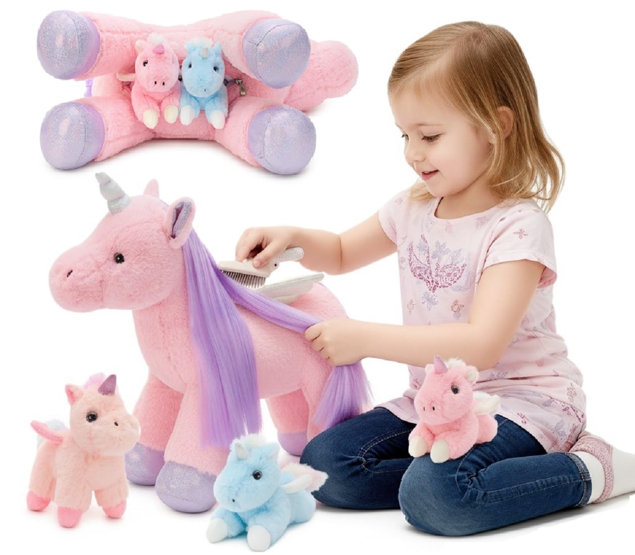 Tezituor Pink Unicorn Plush with Hair & Wings – 3 Babies Inside