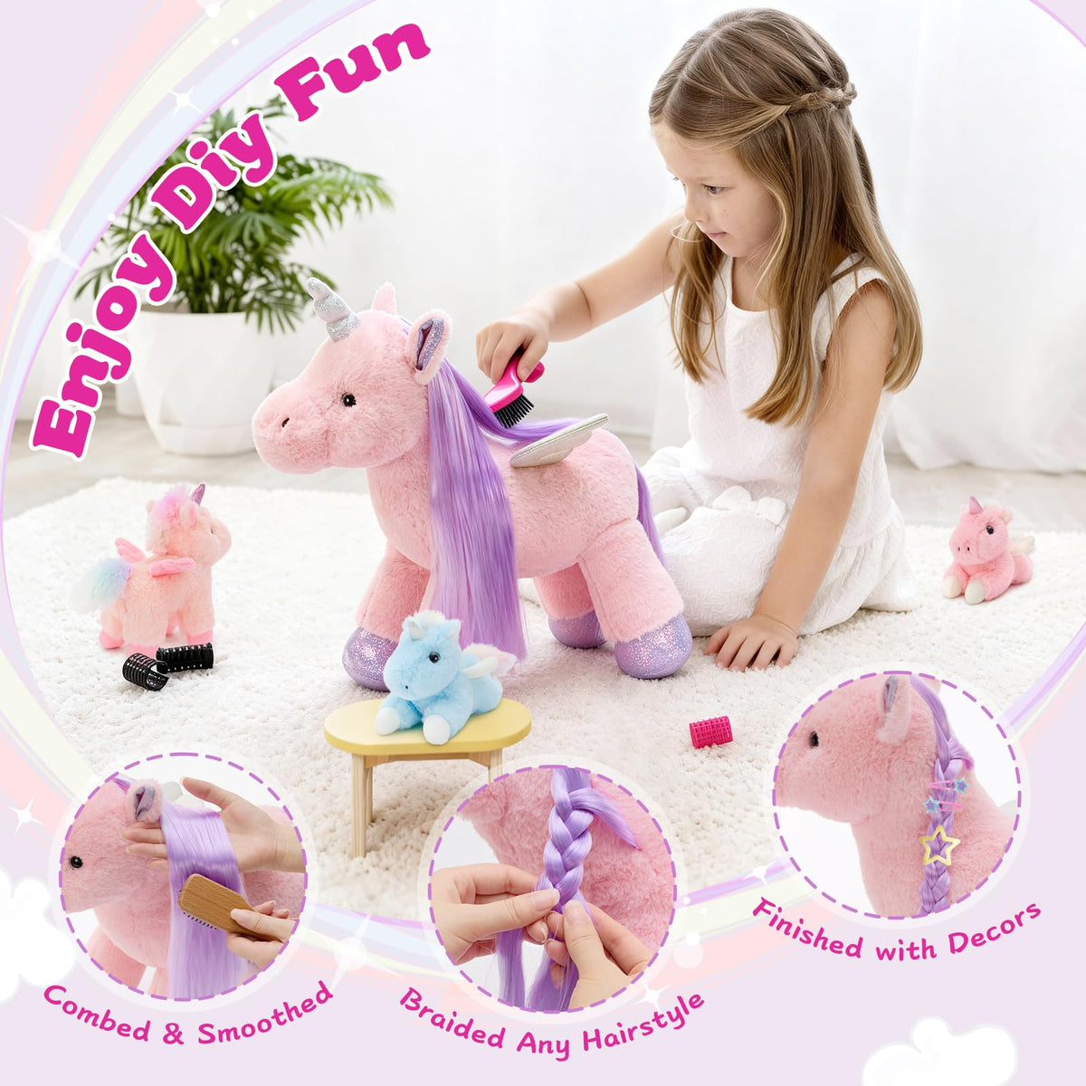 Tezituor Pink Unicorn Plush with Hair & Wings – 3 Babies Inside